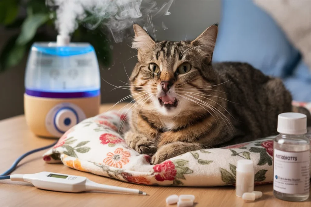 A tabby cat panting on a flowered pillow, with a humidifier, thermometer and medicine bottles nearby, suggesting the cat is sick and needs care.