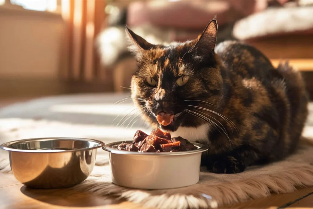 A hungry Feline eating wet food from a bowl, with a bowl of water beside it.