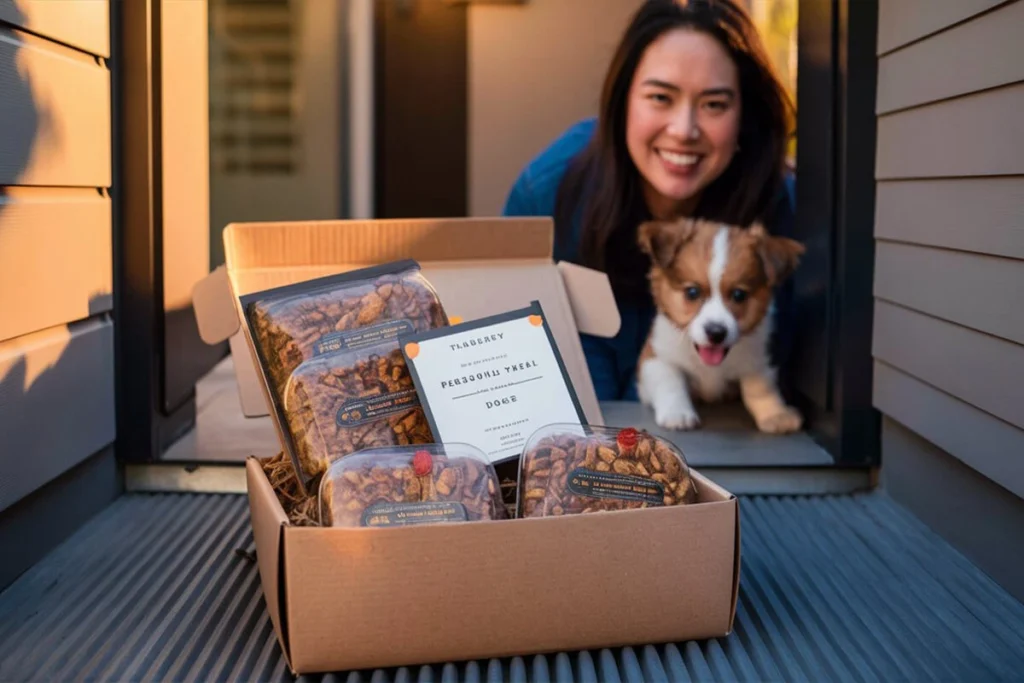  Woman and a puppy peering out from a doorway at a box of dog treats on the porch.