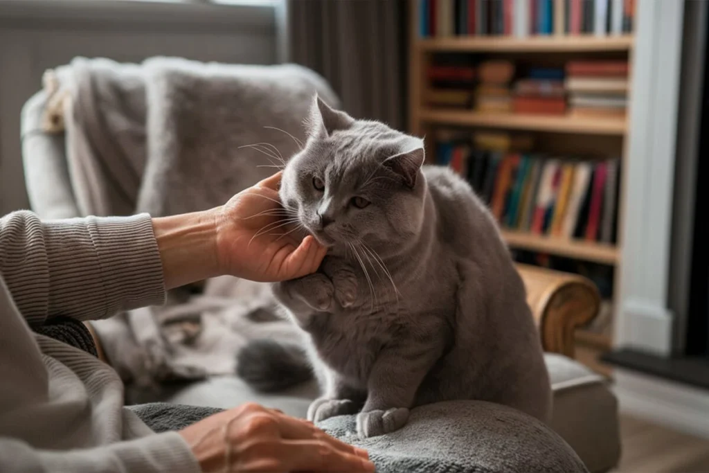 Feline's being petted by a person sitting in a chair.