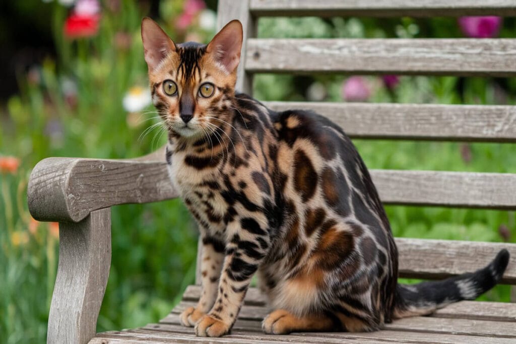 A Bengal cat sits on a park bench.