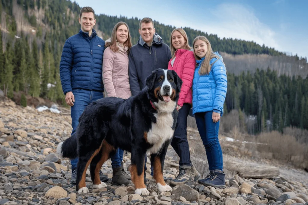 Family with a Bernese Mountain Dog in front of a mountain landscape.