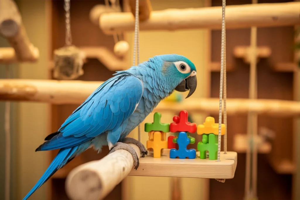 Playful Blue Quaker Parrot with Toys