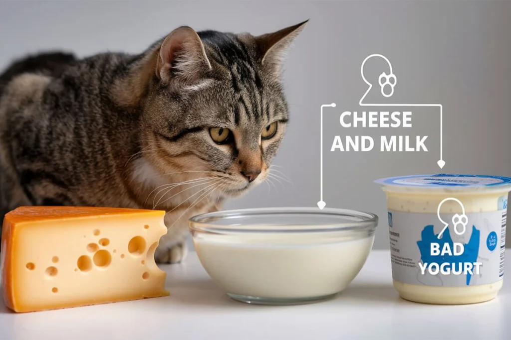 Cat looking at cheese, milk, and yogurt labeled "bad", And Say "Can I Eat Cheese"