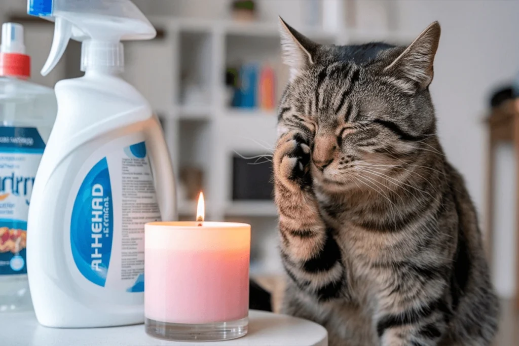 Cat sneezing next to a lit candle and cleaning supplies