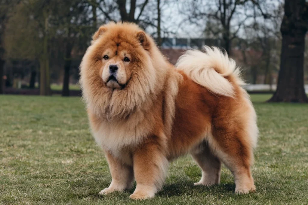 Red-brown Chow Chow Fluffy Dog Breed standing on grass