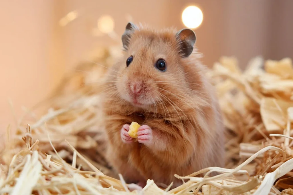 Ginger Syrian hamster eating.