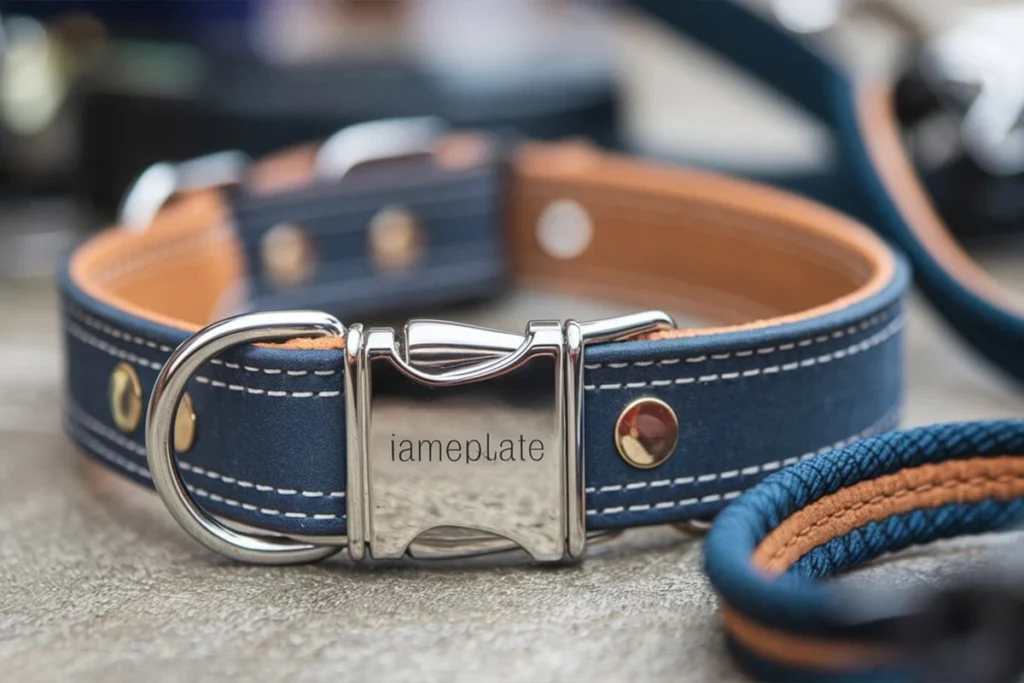 Close-up of a blue dog collar with the name on plate engraved on the buckle.