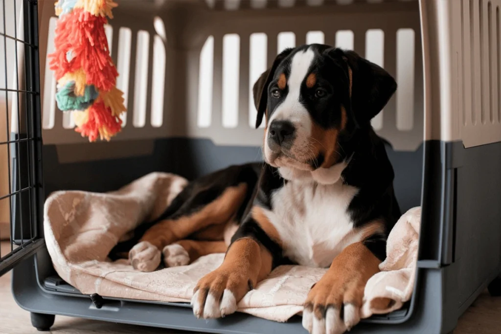 Greater Swiss Mountain Dog puppy relaxing in a crate.