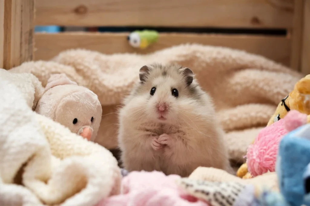 Fluffy, gray and white Chinese dwarf hamster sitting among plush toys and blankets.