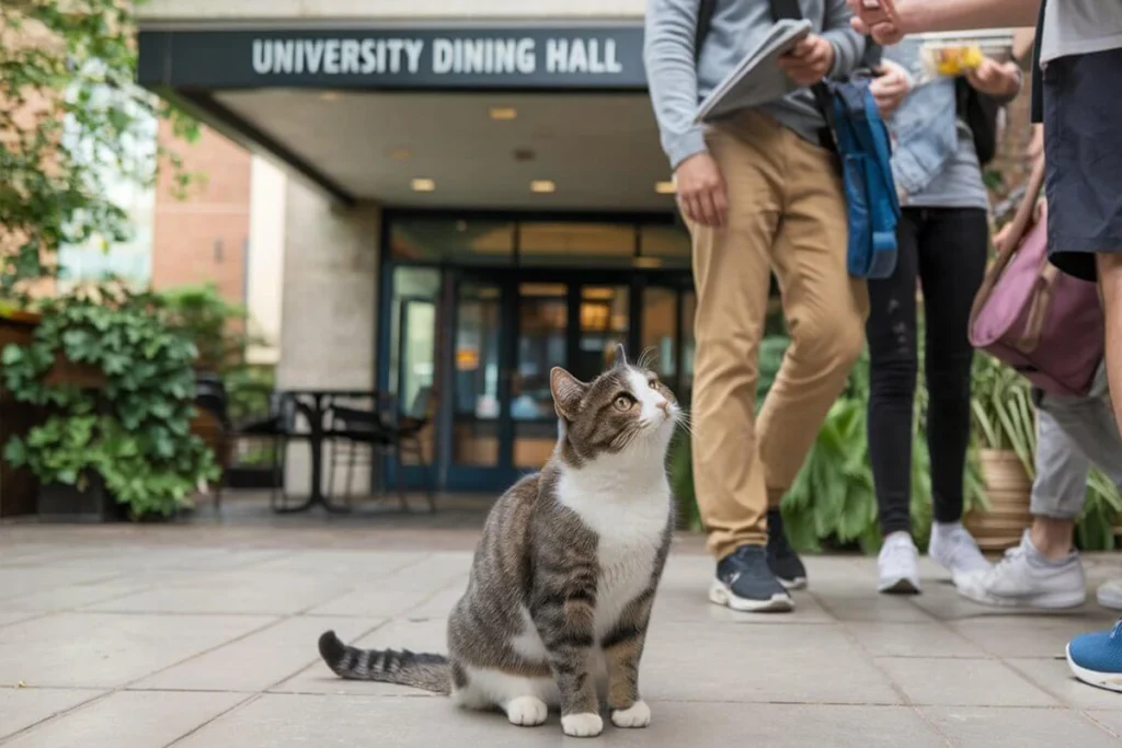 A tabby and white Cafeteria Cat sits in front of the University Dining Hall, looking up at students.