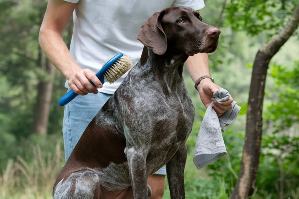 Person grooming an Oldest GSP Dog