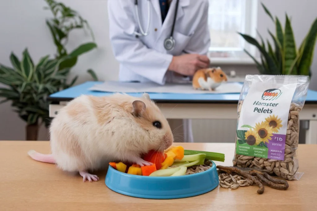 Hamster eating vegetables with vet in background.