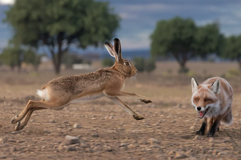 Hare running away from a fox. Hare and Rabbit Speed Comparison: Hares can often outrun predators, but not all the time!