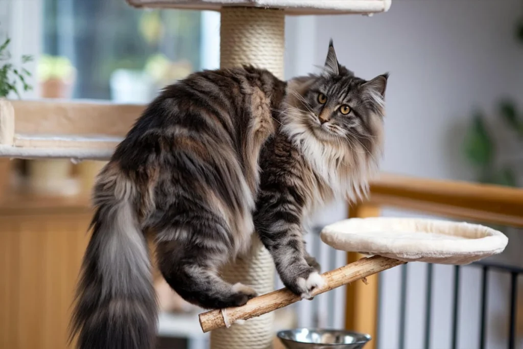 Tabby Maine Coon cat using a scratching post.