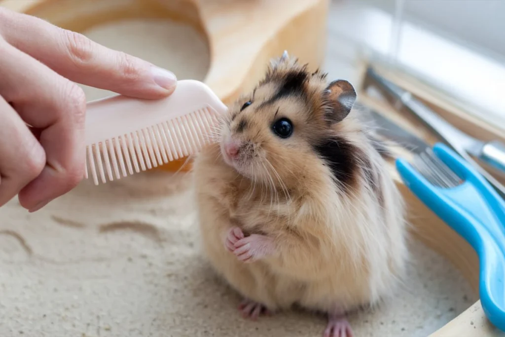 Long-haired Syrian hamster being groomed with a comb.