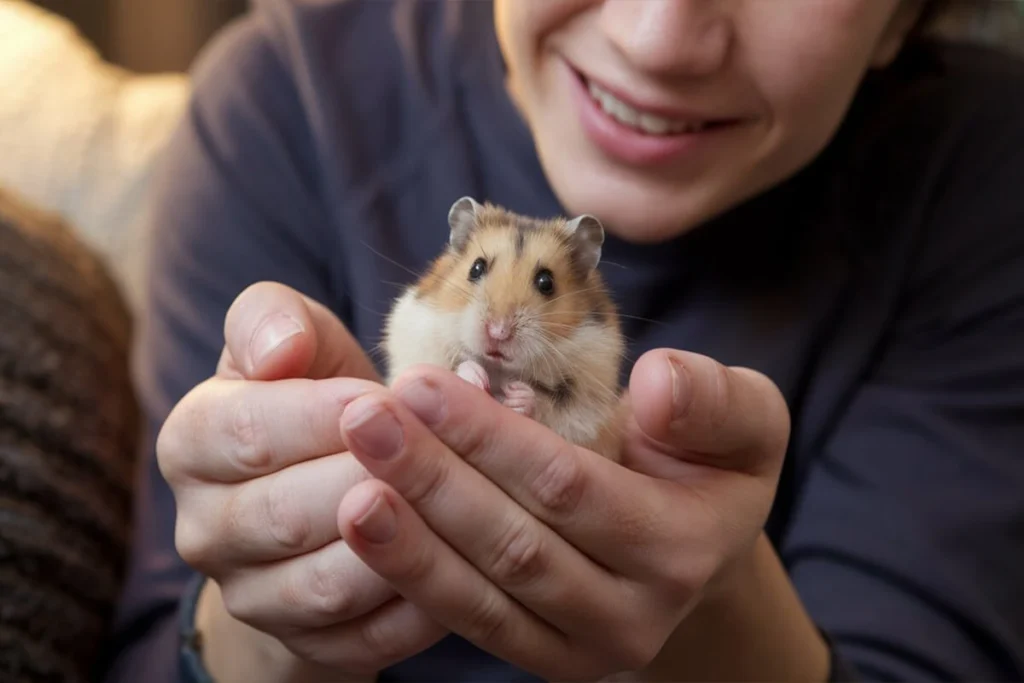 Smiling person holding a hamster in their hands.