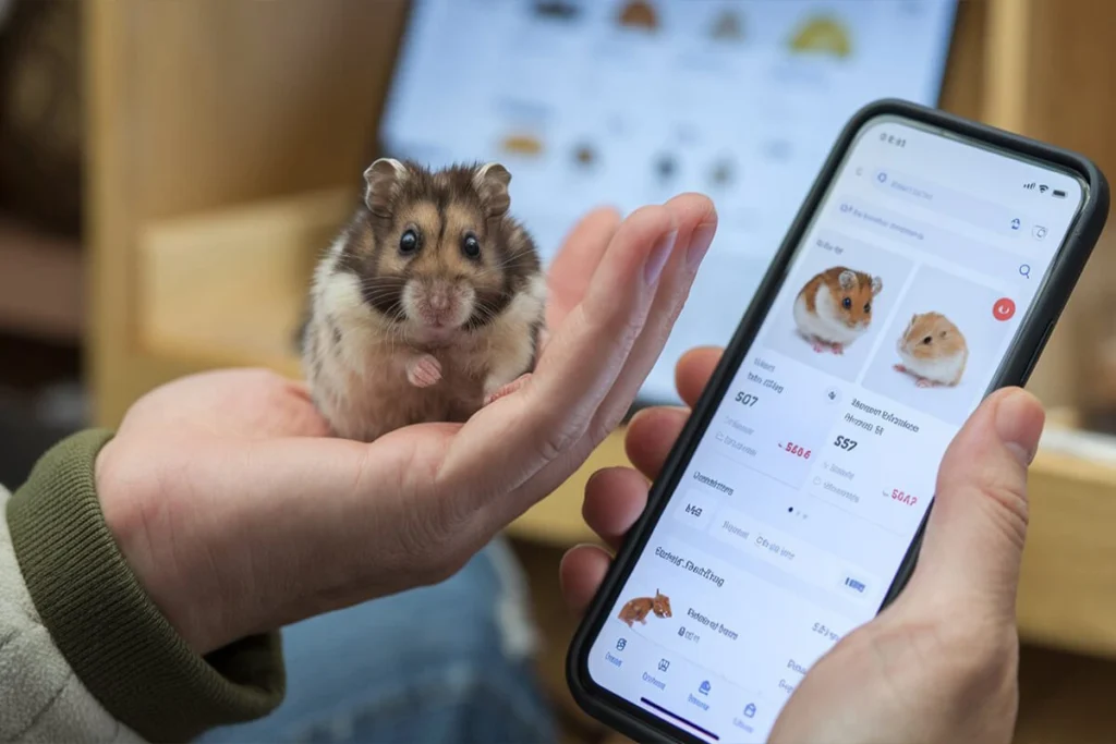 A person holding a hamster in one hand, while shopping for hamster products on a phone in the other.