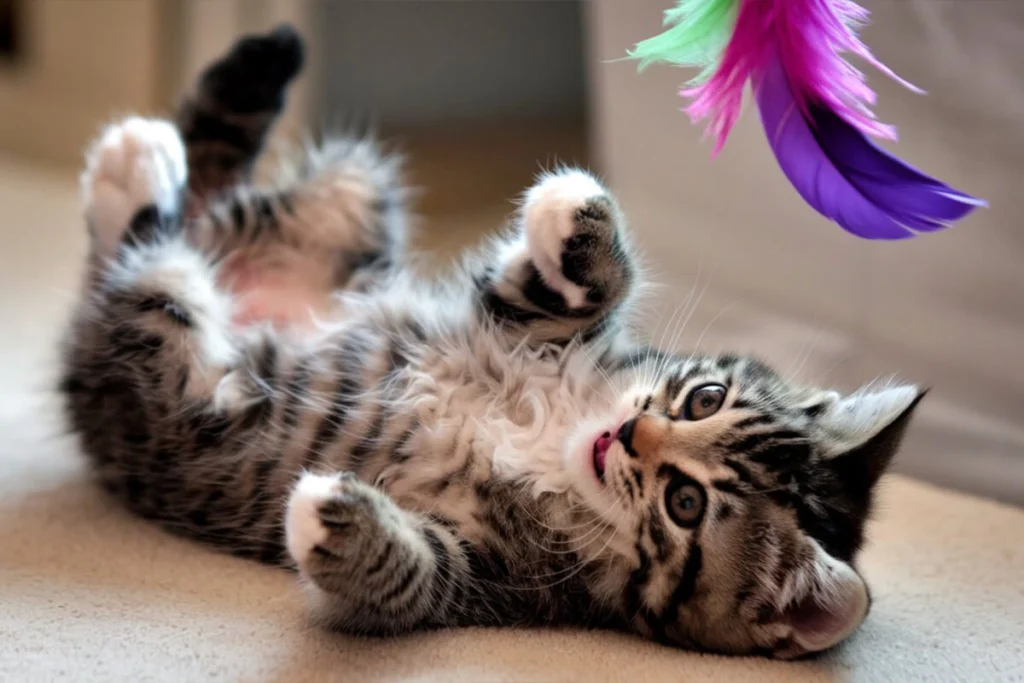 Baby Kitten playing with a feather toy on its back.