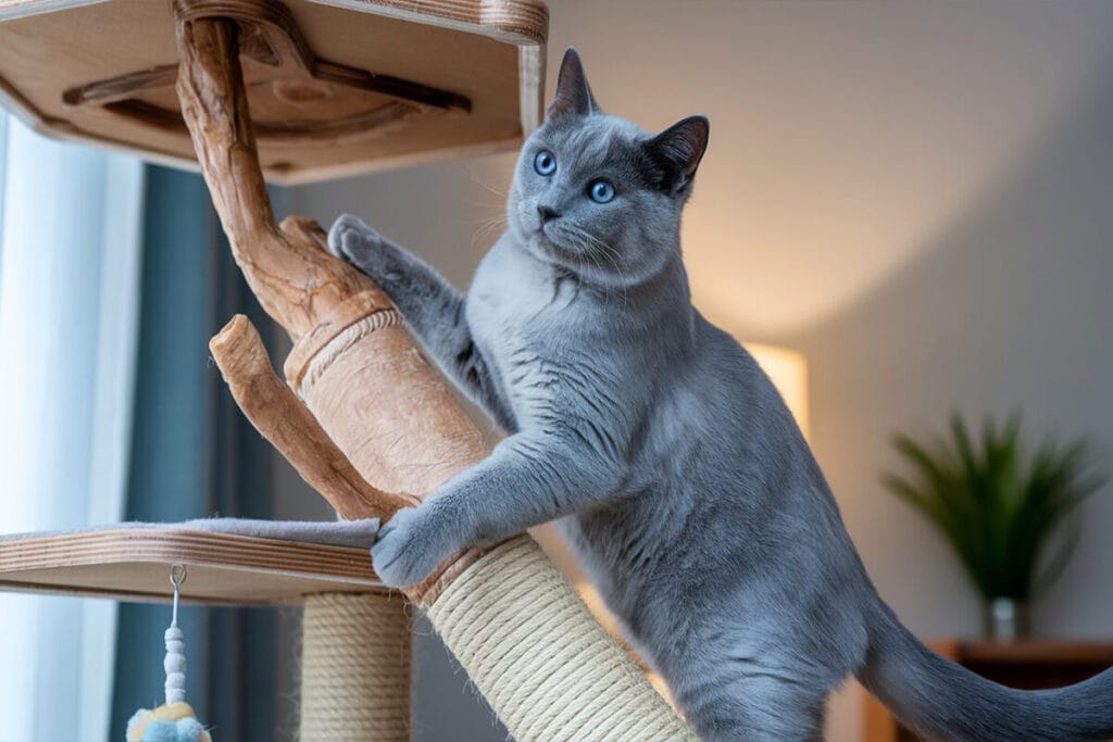 Russian Blue cat climbing a cat tree.