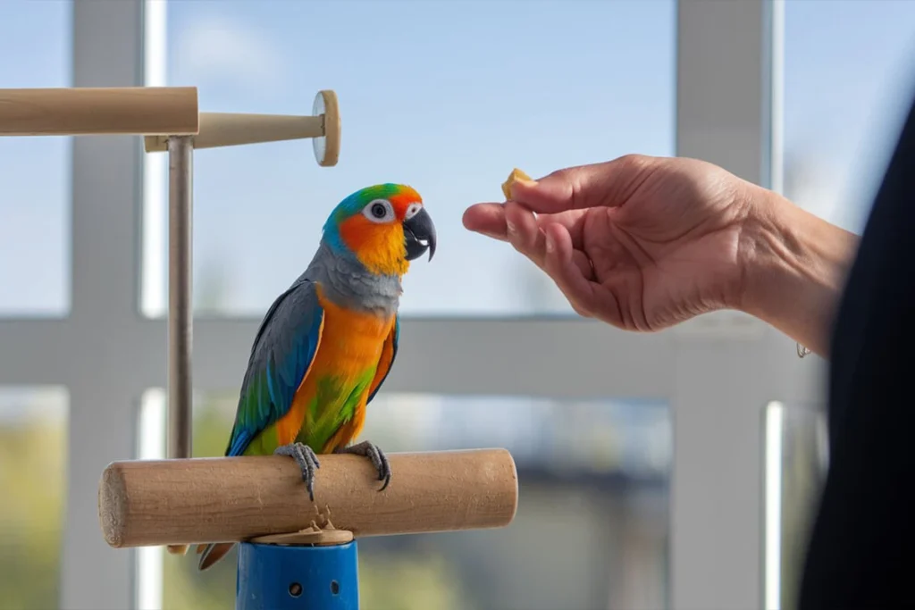 A red-fronted kakariki small parrot perched on a stand being offered a snack.