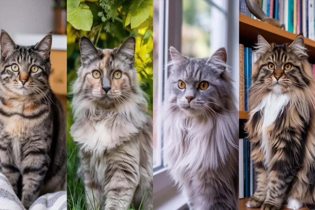 A four-panel collage displaying four different Torbie cats. The first is a striped tabby, the second a long-haired Torbie with grey patches, the third a grey tabby and the fourth a fluffy Torbie cat.