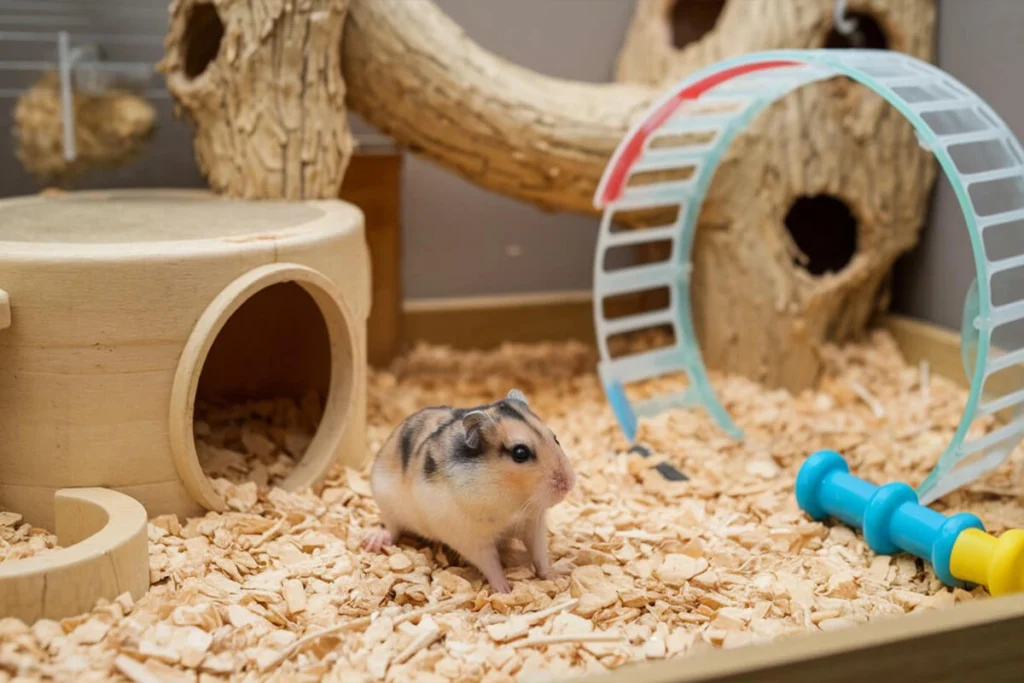 A Chinese dwarf hamster in a cage with bedding and toys.