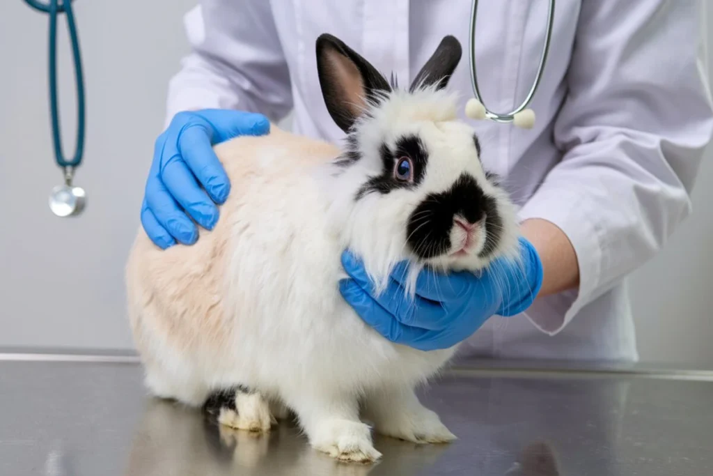 Vet examining a black and white English Angora rabbit.