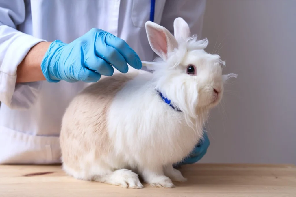 Veterinarian examining an English Angora rabbit.