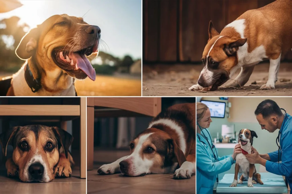 A collage of six images of dogs in different Dog Breathing Heavy situations and moods.