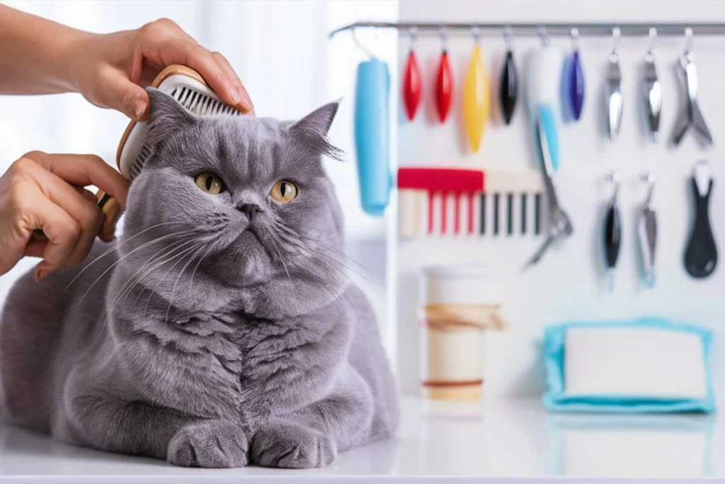  A groomer brushes a grey Persian cat on a table surrounded by pet grooming tools.