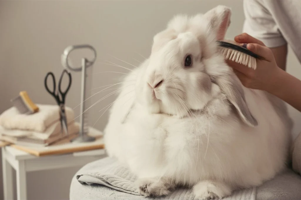 Person grooming a white Giant Angora rabbit.