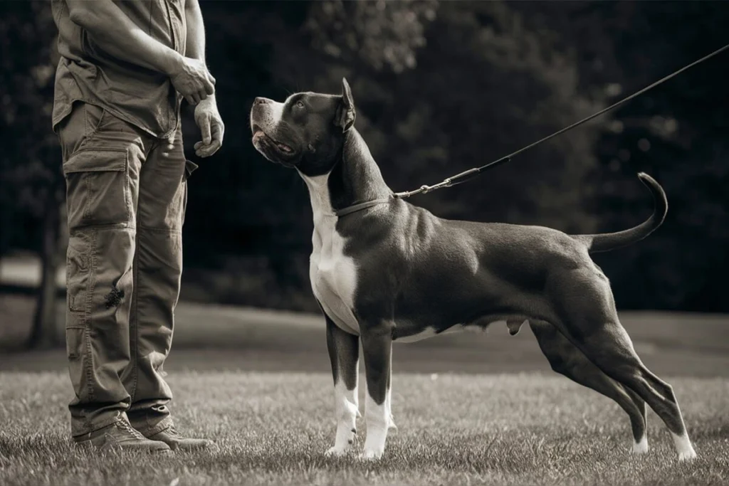 Black and white shot of a Dogo Argentino on a leash, looking up at its owner.