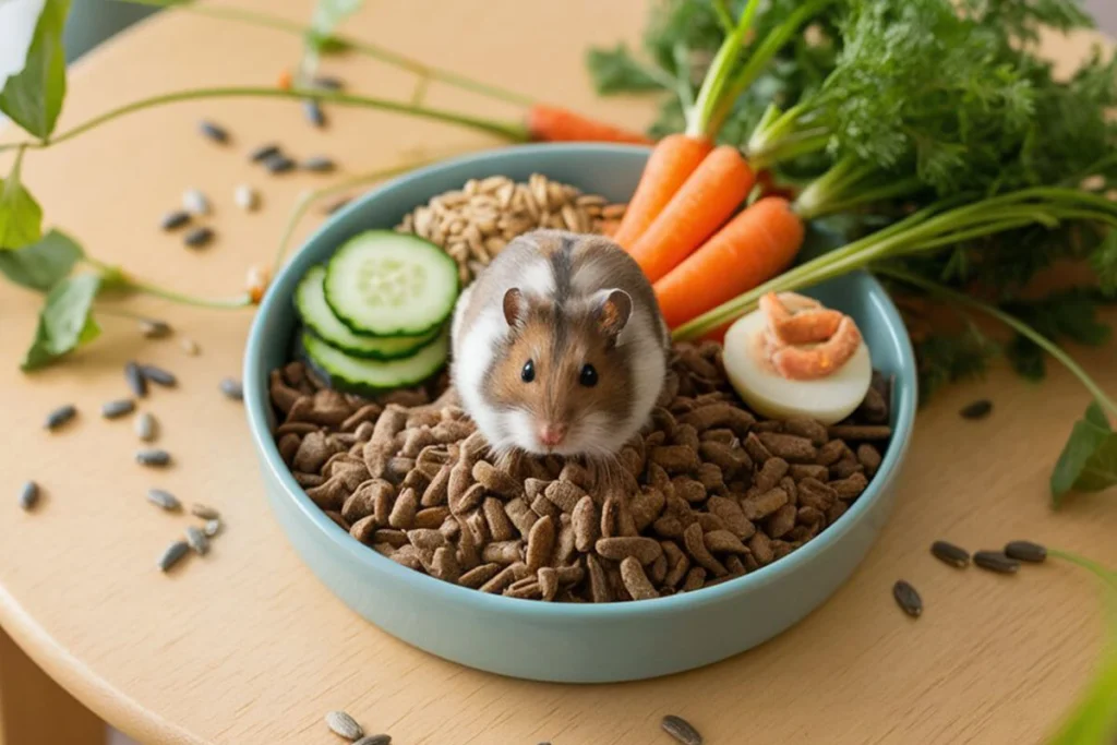 Chinese dwarf hamster sitting in bowl of hamster food.