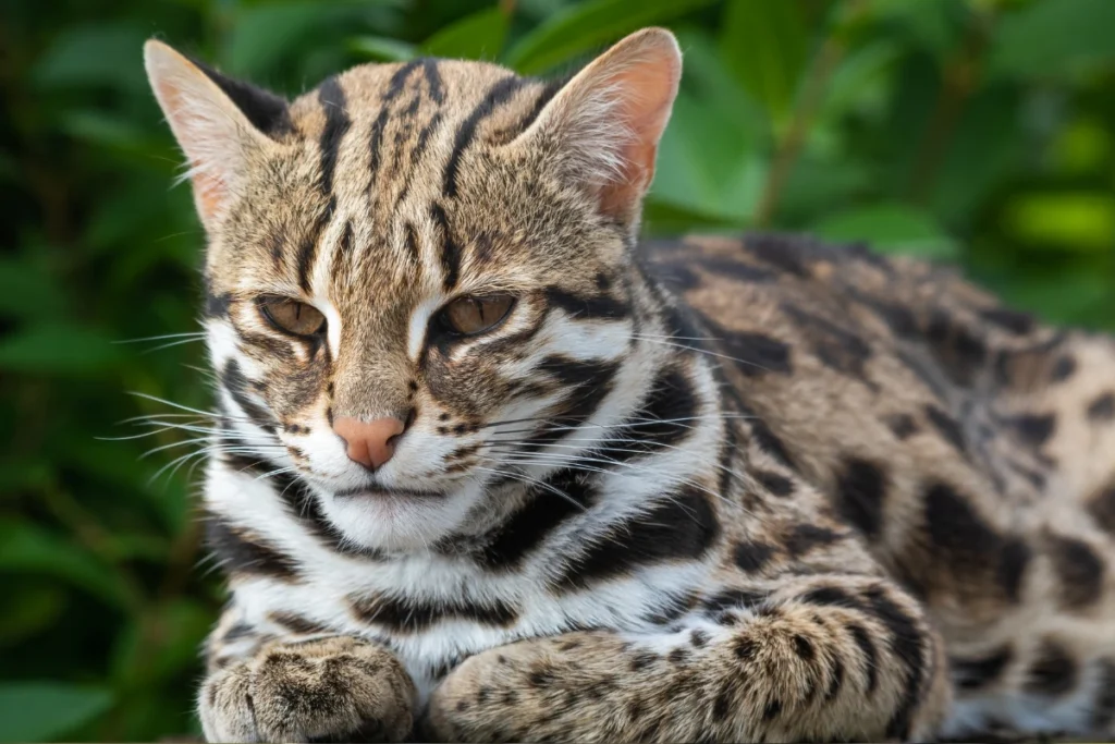  Resting Feline with paws tucked in, looking relaxed against a green background.