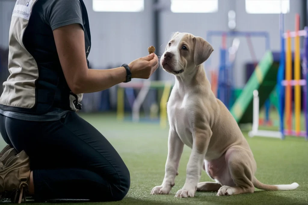 A puppy sits for training with a trainer.