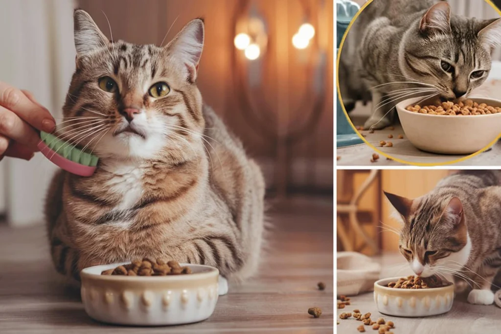 A collage of images featuring a Torbie cat being brushed and eating. The main image shows a cat being brushed with two smaller shots showing it eating.