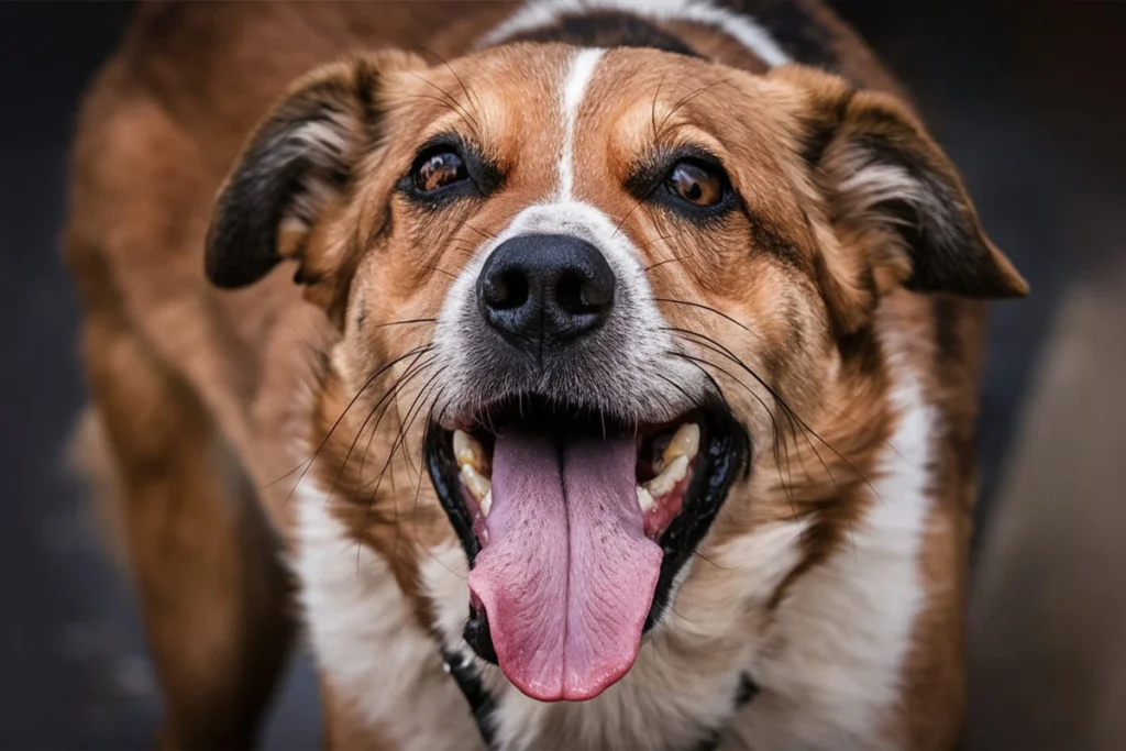 Close-up of a happy brown and white dog with its tongue out Seems Breathing Heavy