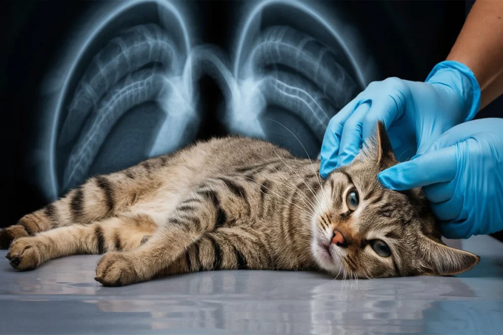  lying on an exam table with blue-gloved hands on its head, an x-ray of lungs in the background, indicating a vet checkup for respiratory problems.