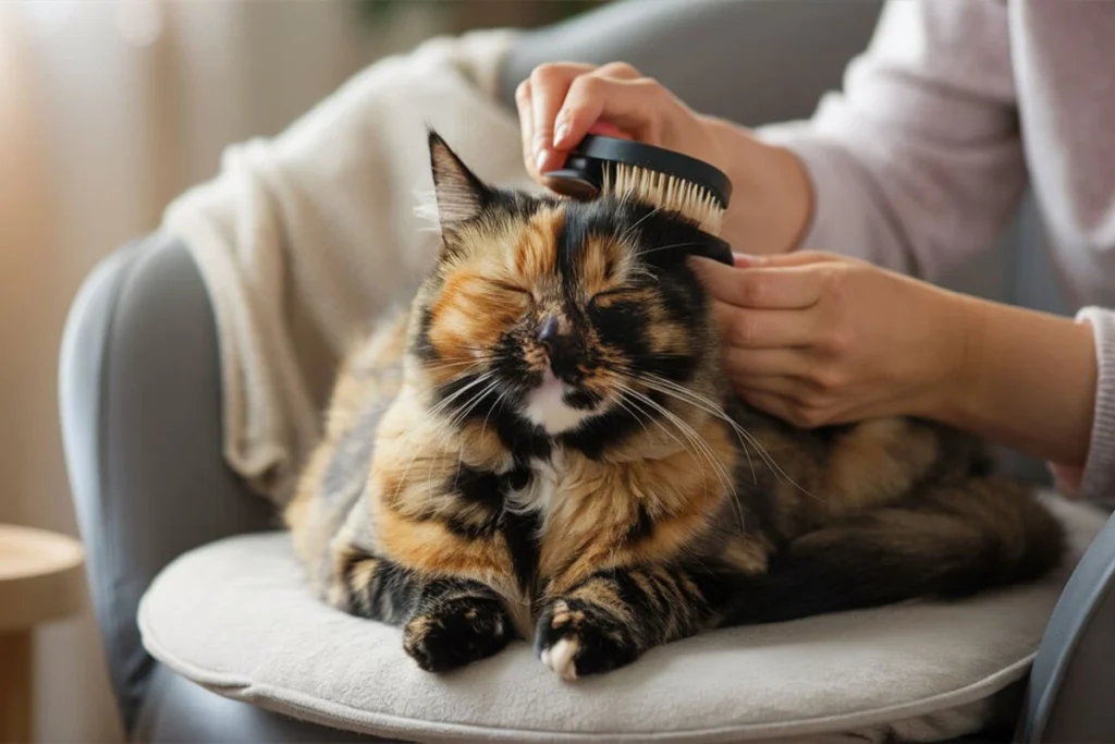 A person brushing a tortoiseshell cat, which is lying contentedly on a cushioned chair.