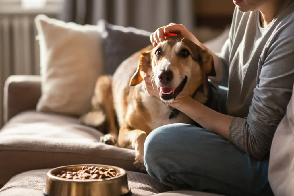  A person petting a pup on a couch with a bowl of Food in the foreground.