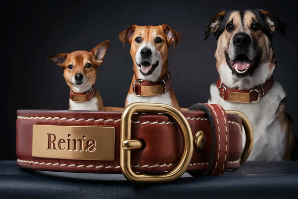 Three dogs of varying sizes and breeds sitting behind a large leather dog collar with a nameplate that says "Reinie."