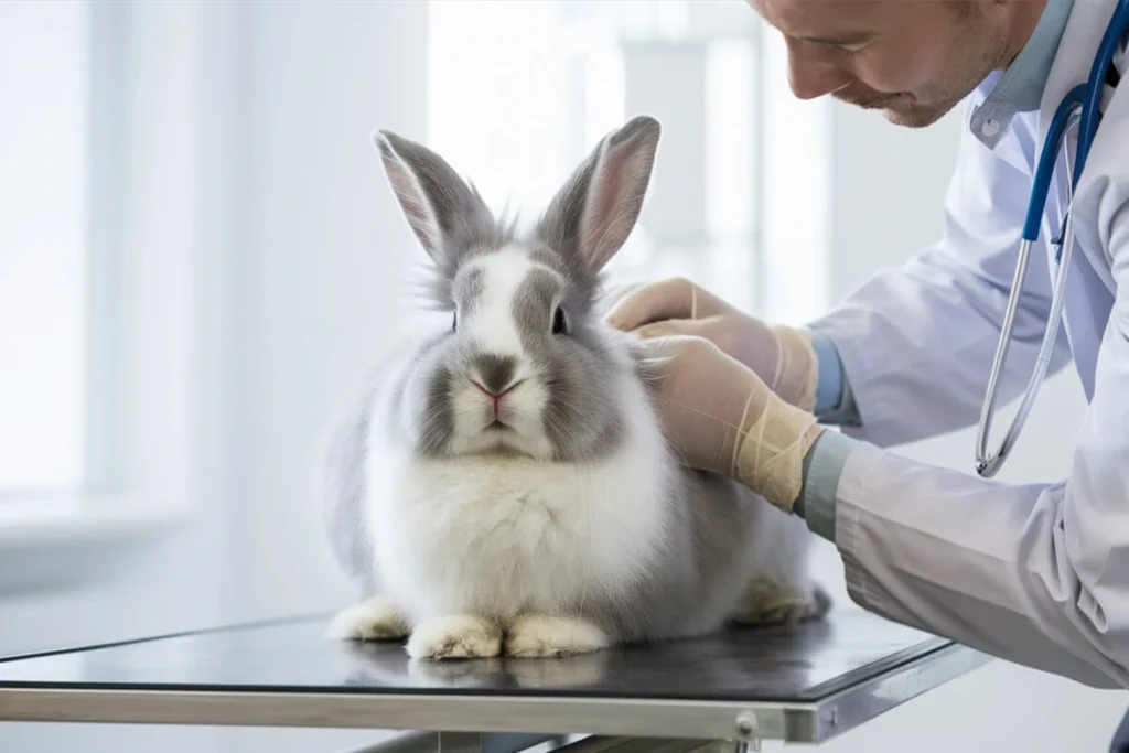 Veterinarian examining a rabbit.