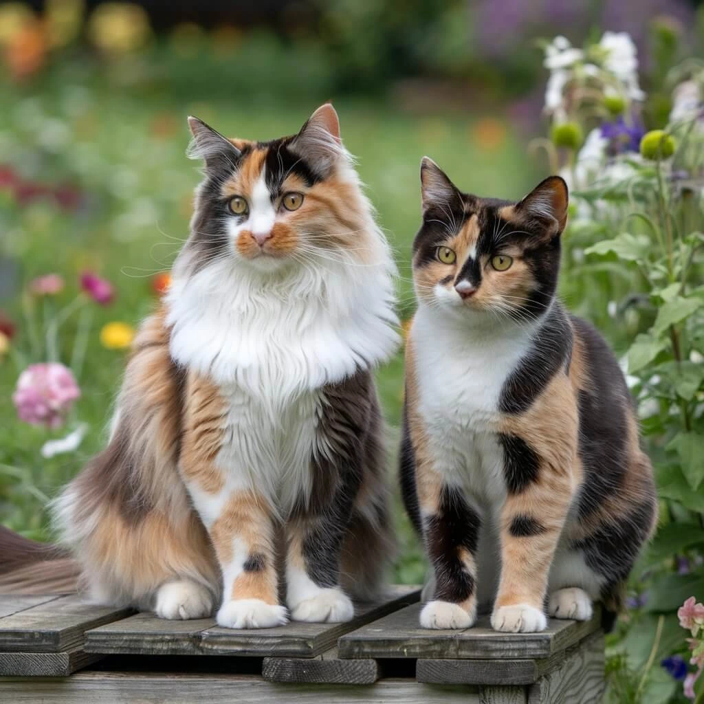 Two calico cats sitting on a wooden platform, surrounded by flowers.