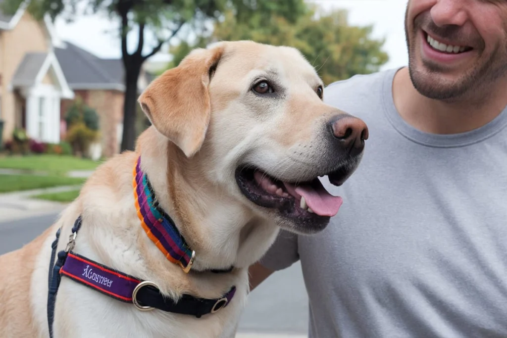 A happy Labrador Retriever dog wearing a colorful plaid collar with a harness attached