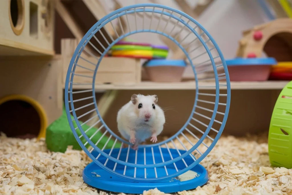 White dwarf hamster running on blue hamster wheel.