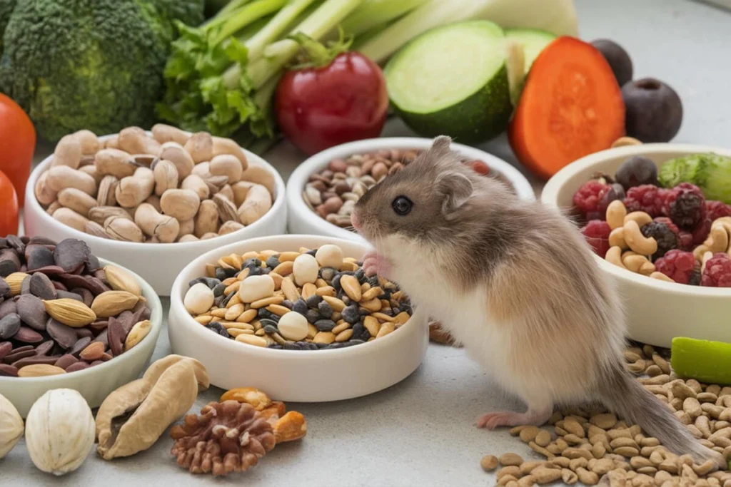  Long-haired Syrian hamster surrounded by bowls of seeds, nuts and vegetables.