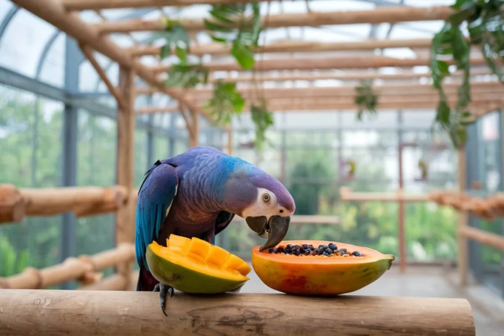 A parrot with blue and gray feathers perched on a branch, eating a papaya.