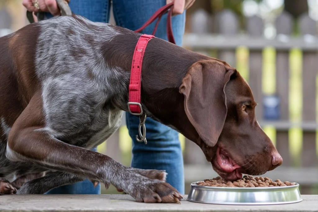 Oldest GSP Dog with a red collar eating from a bowl.