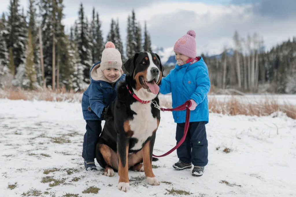 Two young girls petting a Greater Swissy Dog in the snow.